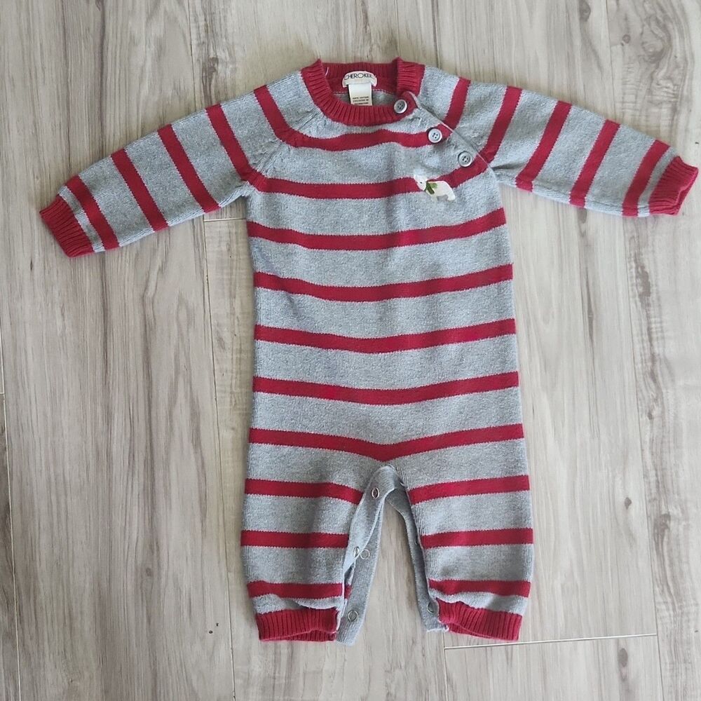 Cherokee‎ Baby One-Piece Coverall 9M Gray Red Striped 100% Cotton Long Sleeve